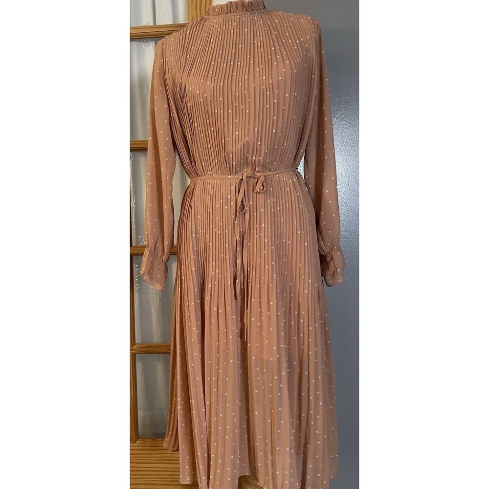 Anthropologie Illa Illa Pleated Midi Dress Sz M Belted Polka Dots Peach Career